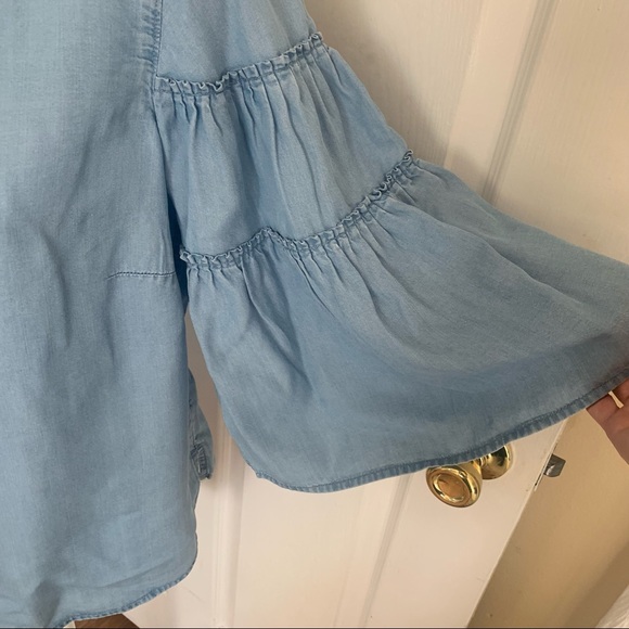 J.Jill Bell Ruffle Sleeve Top Shirt Blouse Chambray Denim Blue Small Petite - Picture 14 of 15